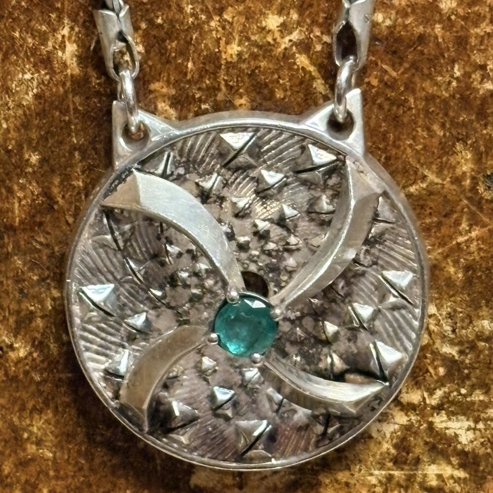 Pyradyne Nuclear Receptor Necklace by Fred Bell Sterling Silver w/ Emerald Vint.